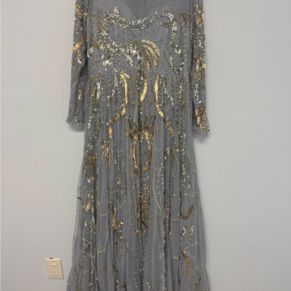 Mac Duggal Elegant Gray and Gold Embellished Evening Gown - Picture 5 of 7